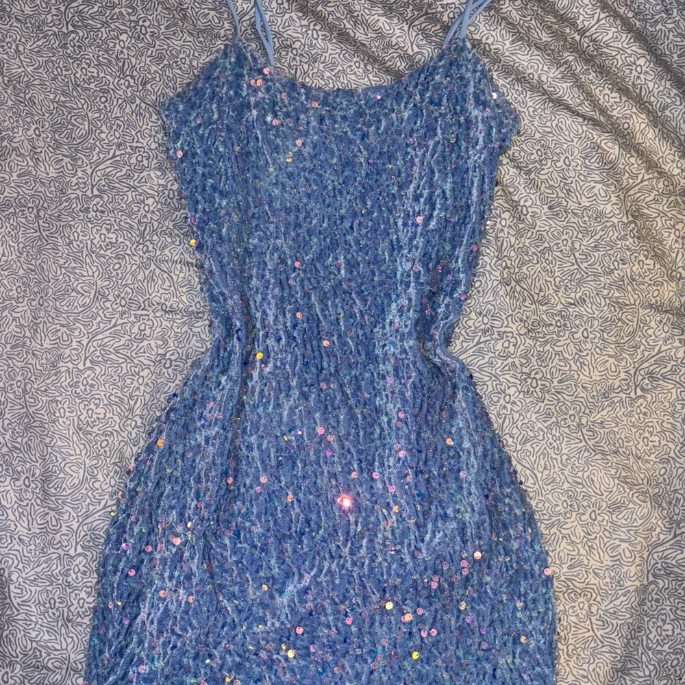 Blue Velvet Iridescent Sequin Spaghetti Strap Mini Dress